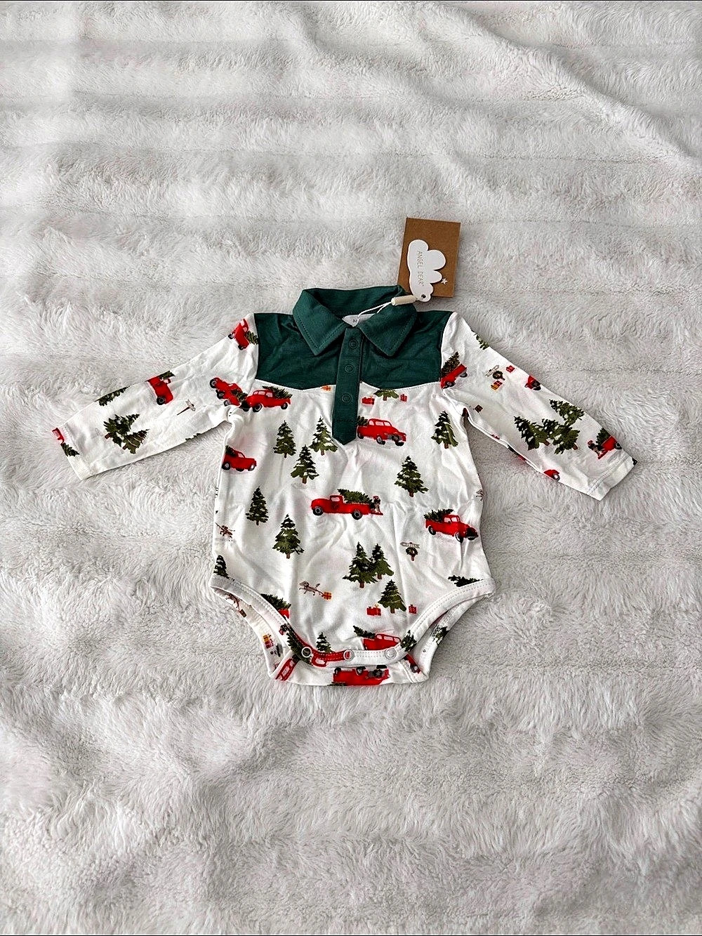 Angel Dear Red Truck Fair Isle Long Sleeve Bodysuit Size 3M